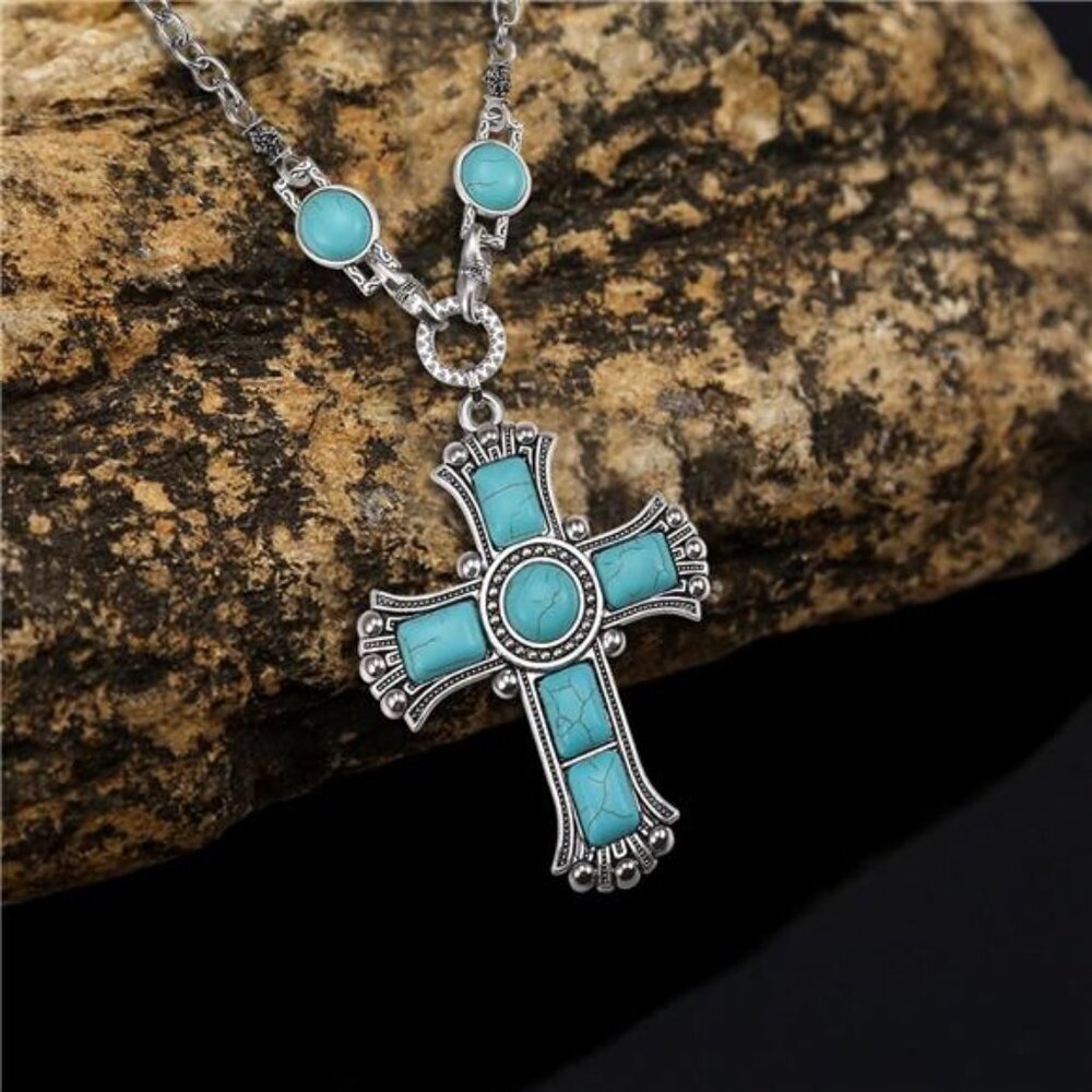 Vintage Turquoise Cross Pendant Necklace – Adjustable Western-Style Jewelry - Picture 3 of 6